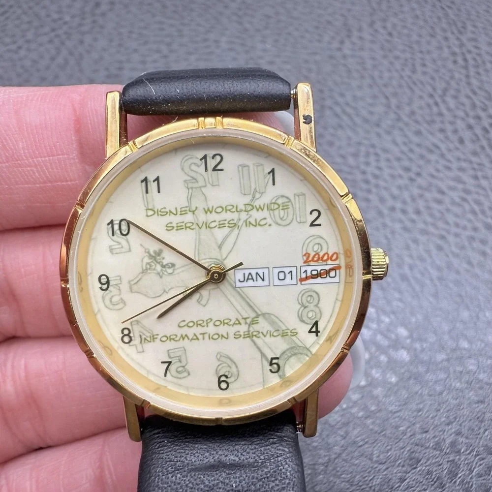 Vintage Disney Services Watch Gold Tone Leather Band 2000 Y2K NEW BATTERY WORKS‎